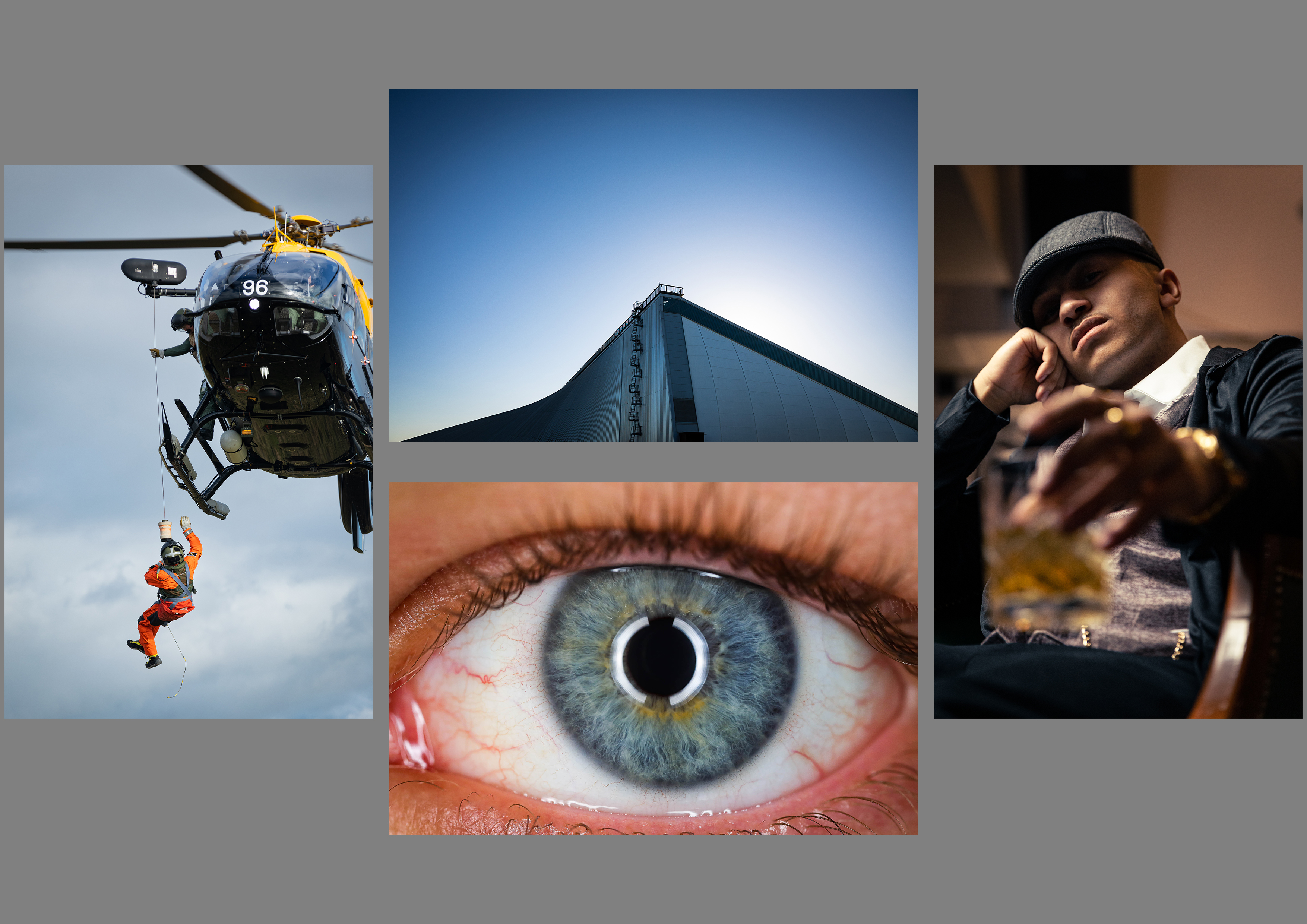 Image shows picture collage, featuring an aviator rappelling out of a helicopter; a building; a man holding a glass of whisky to the camera; and a close up of an open eye.